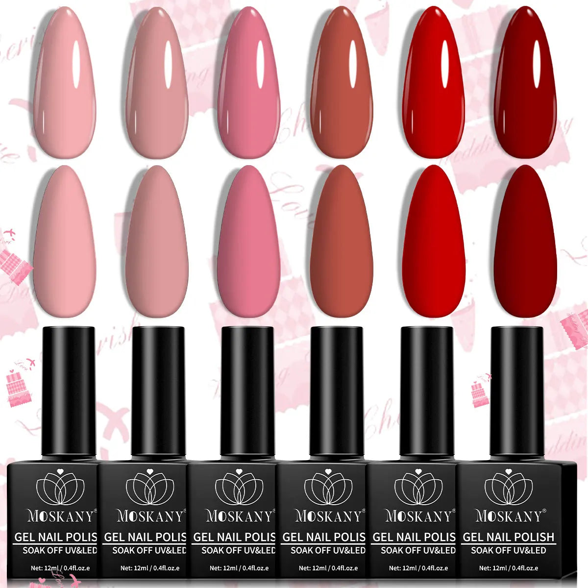 MOSKANY 12ML Nail UV Gel Polish Set Pink Red Manicure 6 Color Soak Off Semi Permanent UV Gel Polish Varnish Kit Nails Supplies