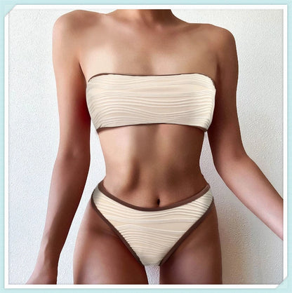 Sexy Bandeau High Waist Bikini 2023 Women Triangle Swimsuit Stitch Detail Swimwear Padded Bathing Suit Female Solid Beachwear