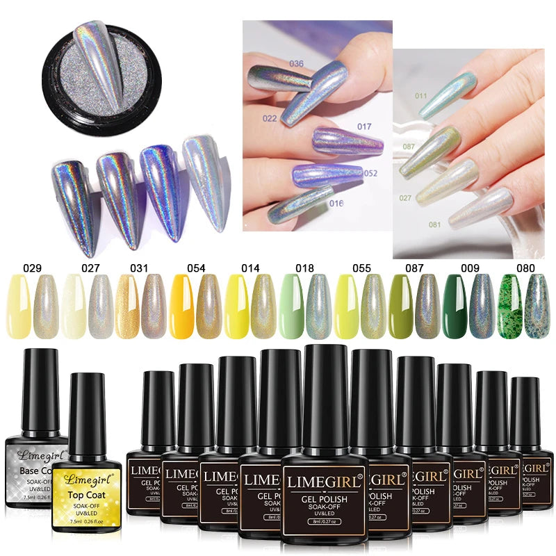 LIMEGIRL 10 Colors Nail Gel Set UV Soak Gel Base Coat Gel with Laser Powder Nail Art DIY Semi-Permanent Gel Varnish Kit