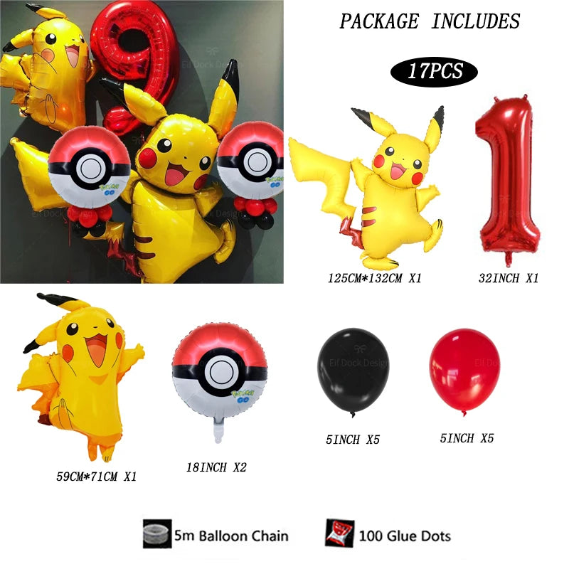 17pcs Pokemon Pikachu Theme Suit Balloon 40inch Red Number 1-9Foil Balls Children Birthday Party Decora Supplies Baby Shower