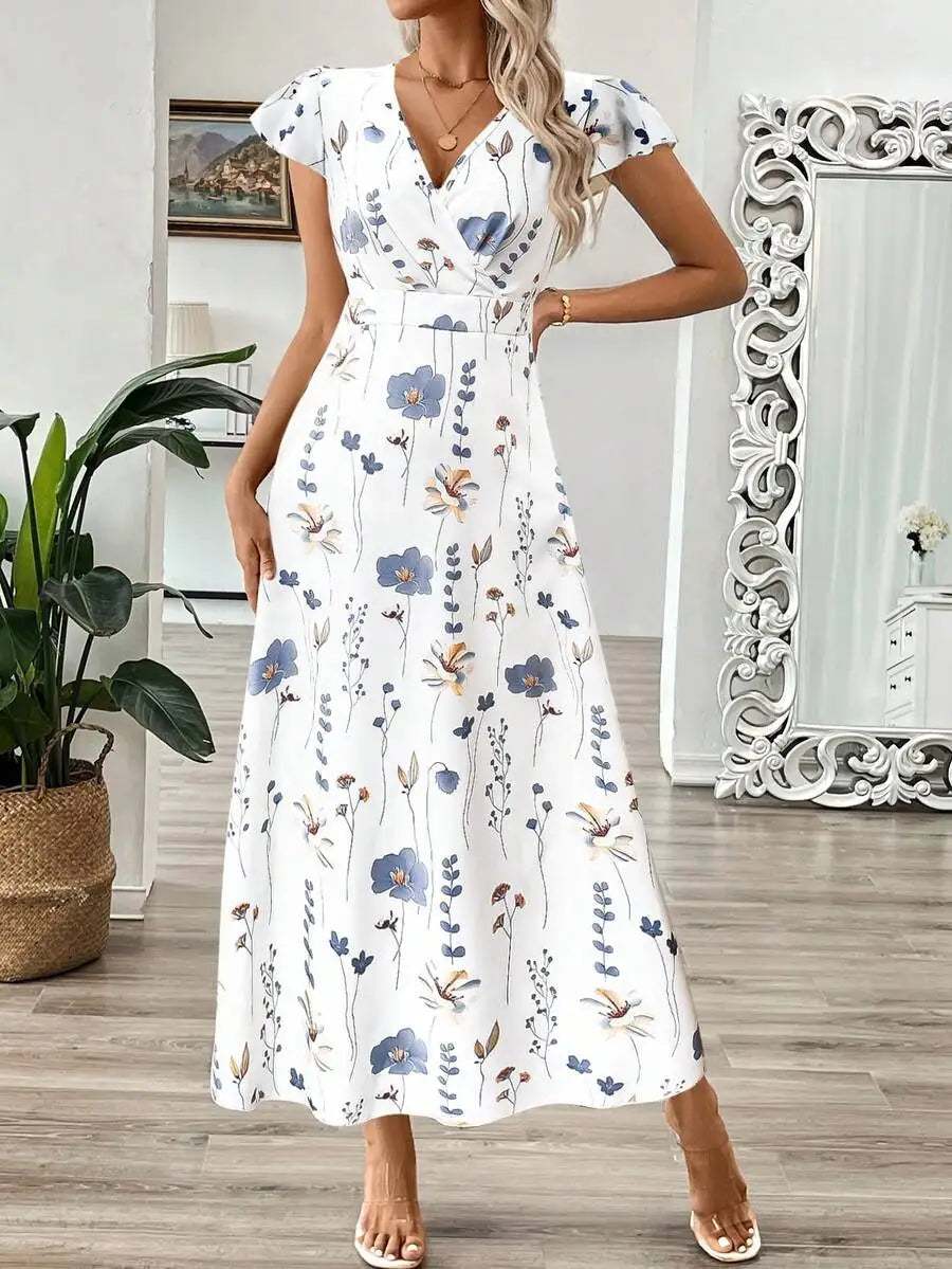 Women's V-Neck Leaf Floral Print Long Dress, A-Line Waist Cinched Dress For Summer Women Summer Clothing