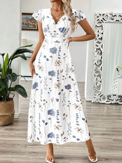 Women's V-Neck Leaf Floral Print Long Dress, A-Line Waist Cinched Dress For Summer Women Summer Clothing