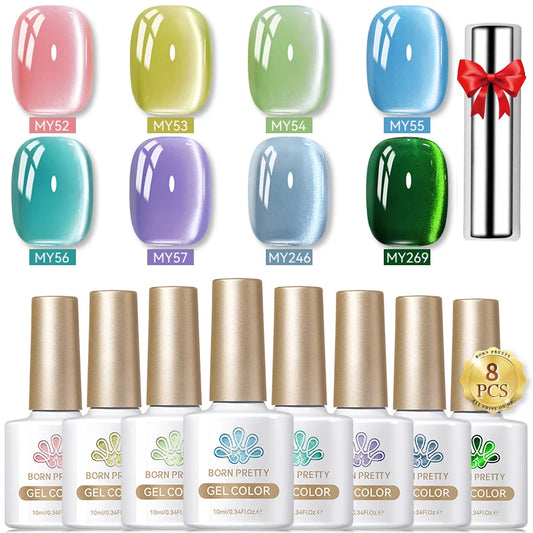 BORN PRETTY 8Pcs Glitter Cat Magnetic Nail Gel Polish Set Moonlight Transparent Summer Semi Permanent UV Gel Soak Off Nail Gel
