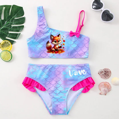 Girls' "Nature Love" Bikini Set: Mermaid Scale Pattern with Chibi Fox & Asymmetric Ruffles