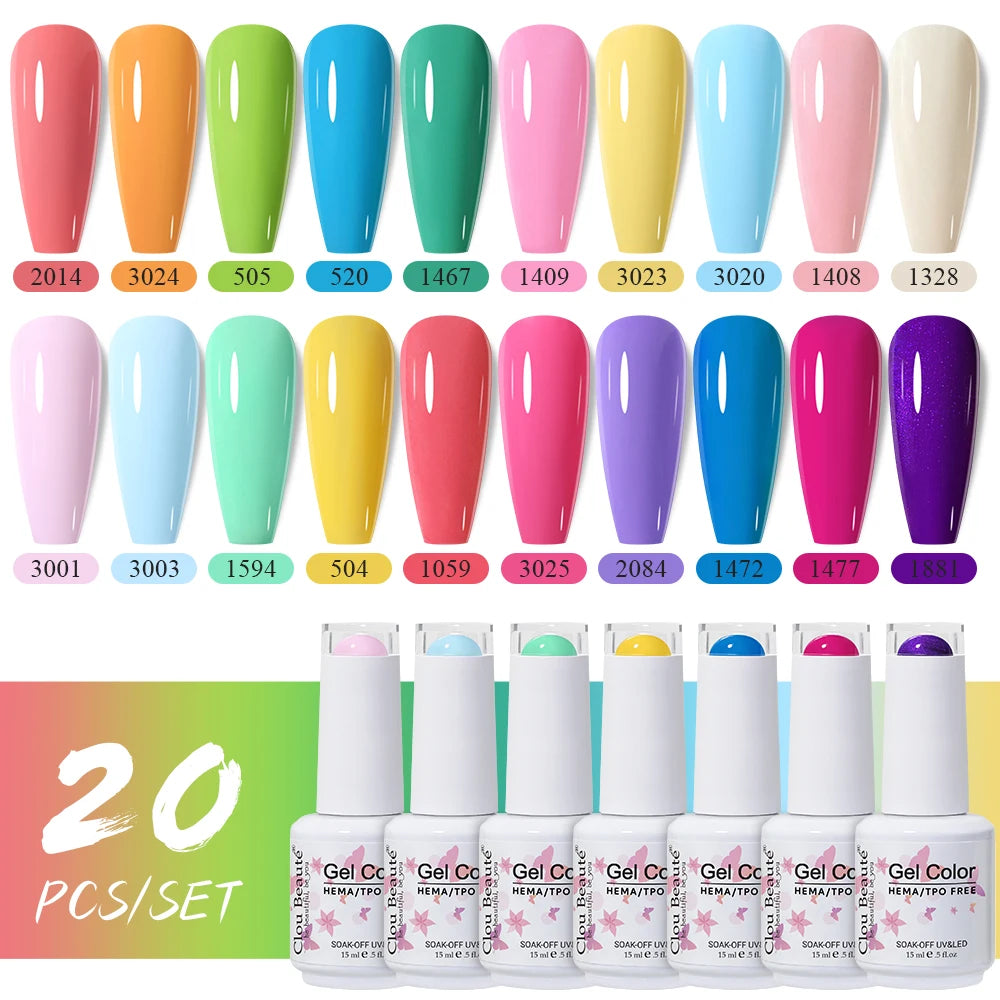 Clou Beaute 20pcs TPO & HEMA FREE Nail Gel Polish Set Red Pink Nude UV LED Soak Off Polish Gel Nail Semi Permanent Nail Varnish