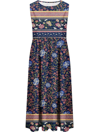 2025 summer new! Women's sleeveless Bohemian floral casual beach MIDI sundress with pockets flowing and loose