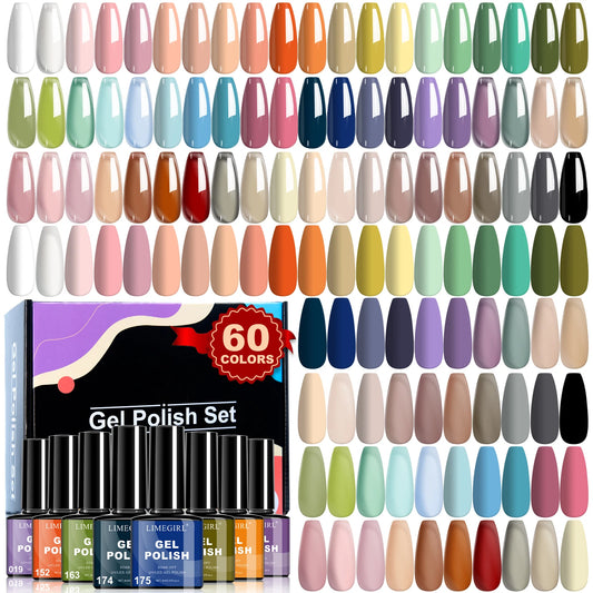 LIMEGIRL 60PCS Gel Nail Polish Art Kit Glitter 8ML Soak UV Semi-Permanent Gel Varn Nail Polish Suitable for Beginners Nail Set