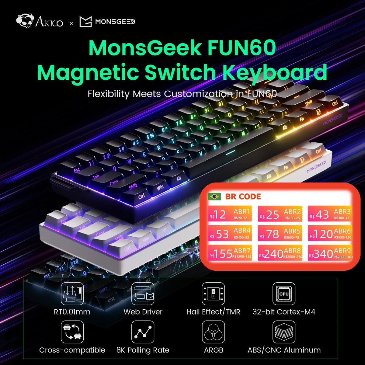 Akko MonsGeek FUN60 Mechanical Keyboard Magnetic Switch 60% Gaming Keyboards Rapid Trigger 0.01mm 8K ARGB HE/TMR Custom Keyboard