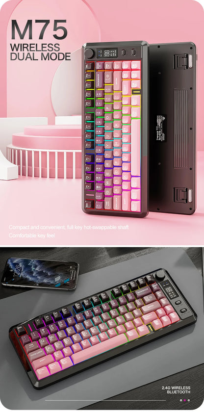 FREEWOLF M75 Wireless Keyboard, Bluetooth Dual-mode, PBT Gradient Ball Cap, With Display Screen, Gaming Keyboard
