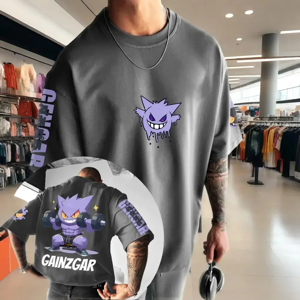Pokémon Animation Derivatives Gengar Printing T-shirt Men's and Women's Summer Oversize Loose Cotton Street Trend Brand Top