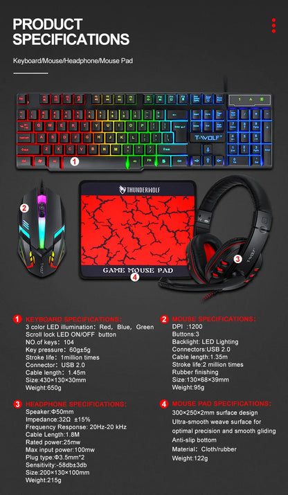 T-WOLF 4-in-1 Ultimate Gaming Combo: RGB Keyboard, Mouse, Headset & Pad