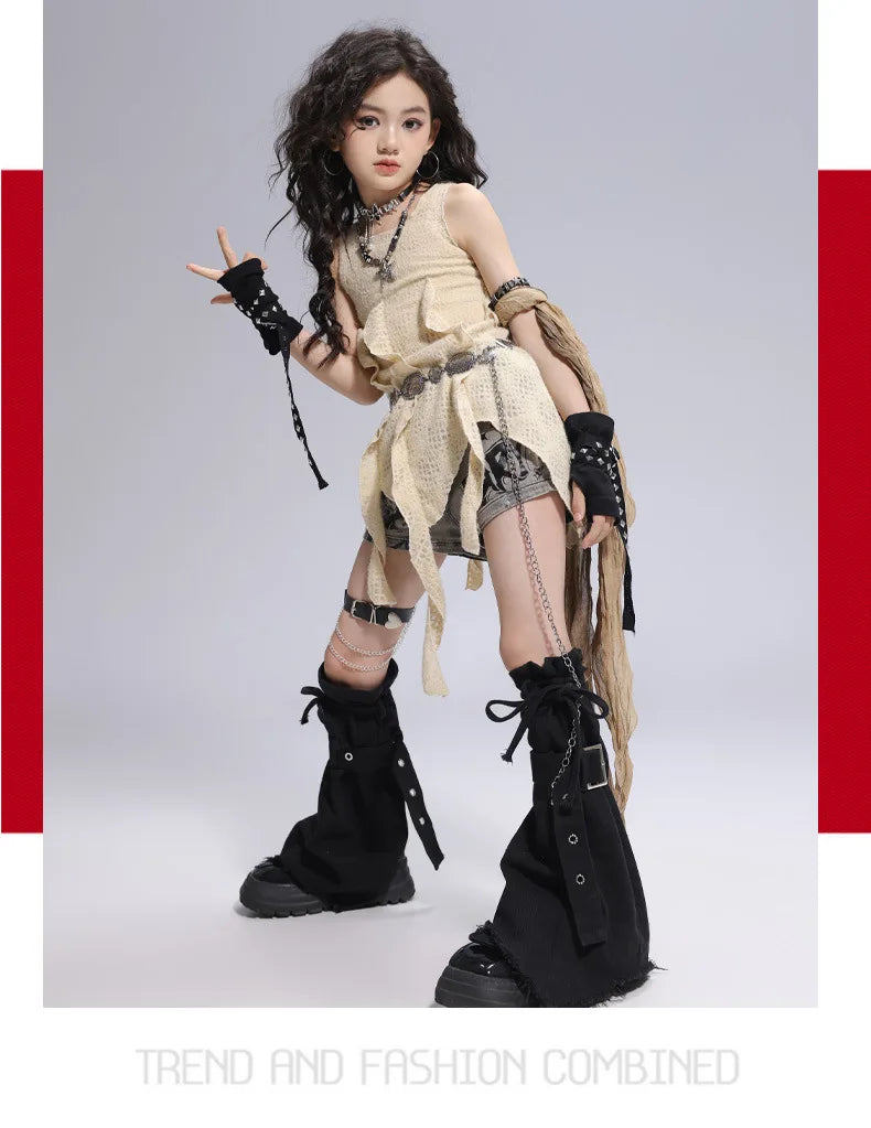 Girls Hiphop Group Jazz Dance Performance Clothes Loose Short Sleeve Top Pants Street Dance Costumes Wear