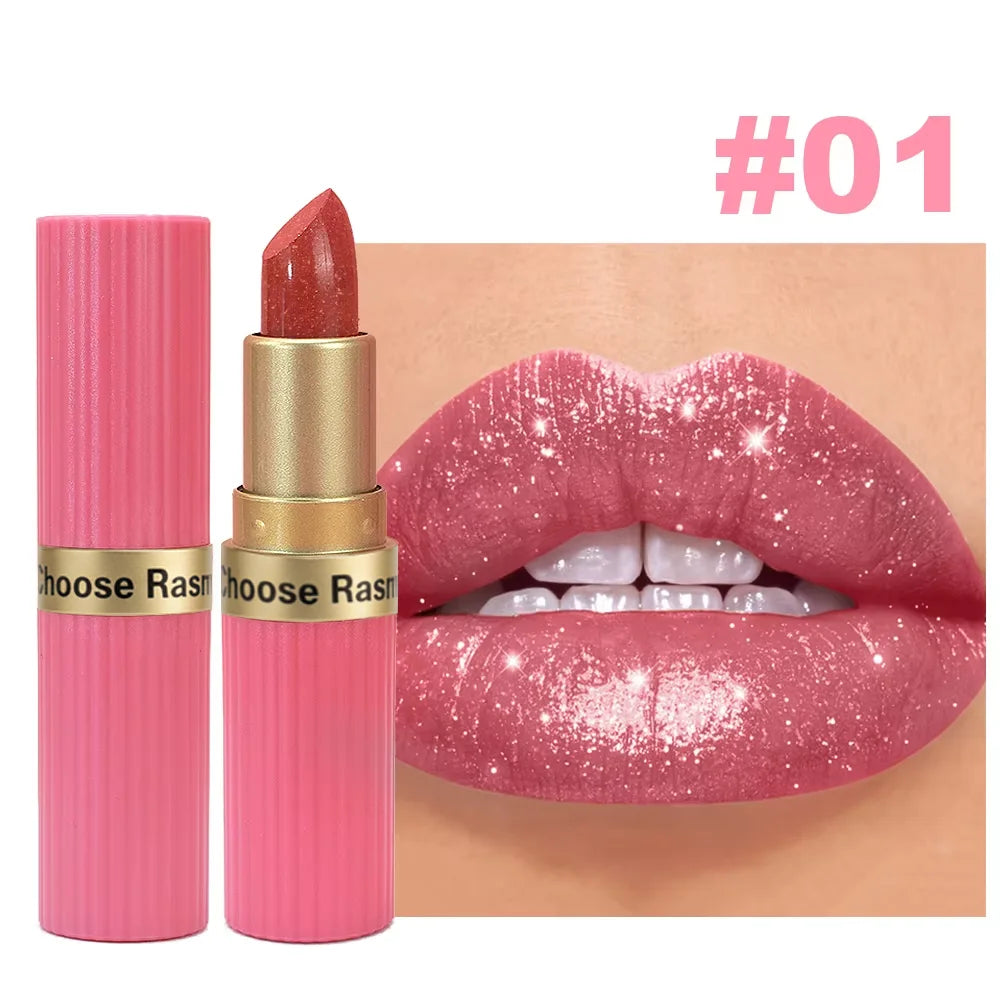 Pearlescent Pink Glitter Velvet Lipstick Metallic Waterproof Long Lasting Matte Shimmer Diamond Lipstick Women Makeup Cosmetic