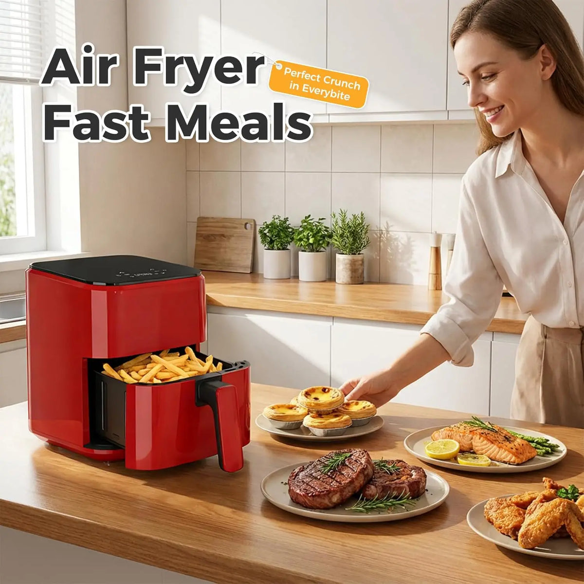 3QT Air Fryer, Small Air Fryer with Digital PP Touch Panel, Red