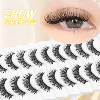 10 pairs of cat-eye false eyelashes, with a natural and thick appearance, length 10-15 millimeters, suitable for beginners