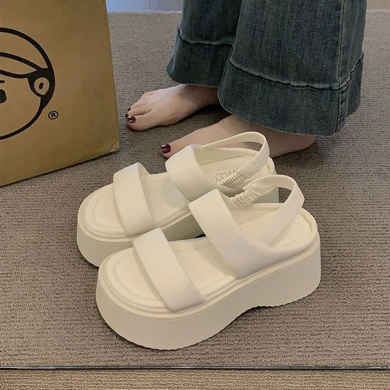 Summer 2025 Chunky Sandals Women's Wedge Heels Slides 8CM High Heels Leather Casual Woman Beach Thick Bottom Flip Flops