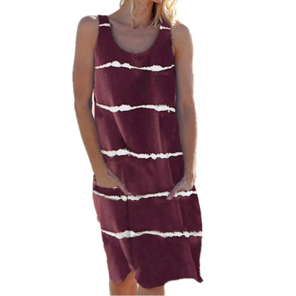 Summer Women's round Neck Printed Striped Vest Dress with Pockets European And United States Style Casual Maxi Dress