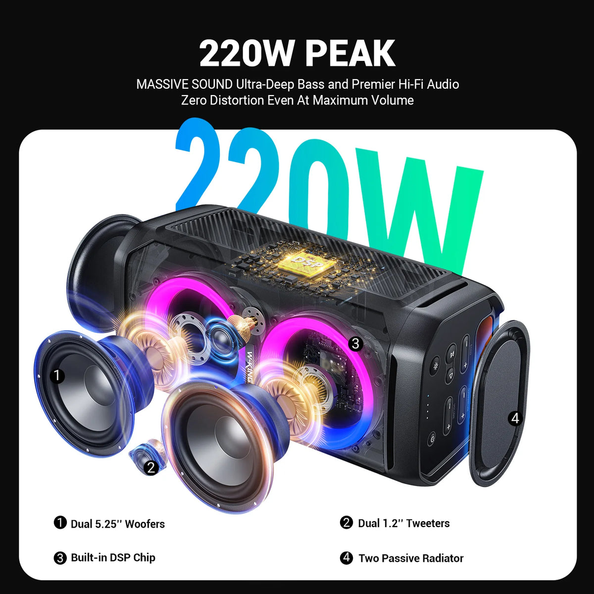 W-KING 100W RMS Bluetooth Speakers, IPX6 Waterproof, V5.3 Portable Party Boombox Wireless Deep Bass/115dB Loud Massive Sound