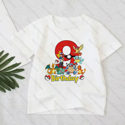 Pokémon Anime Printed T-Shirt Boys Girls Birthday Number 1-10 Clothes Fashion Figure Short-sleeved Kids Summer Birthday Gift