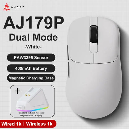AJAZZ AJ179 PRO PAW3395 Lightweight Wired Wireless Mouse with Magnetic Charging Base Ergonomic Macro Gaming Mouse for PC Laptop