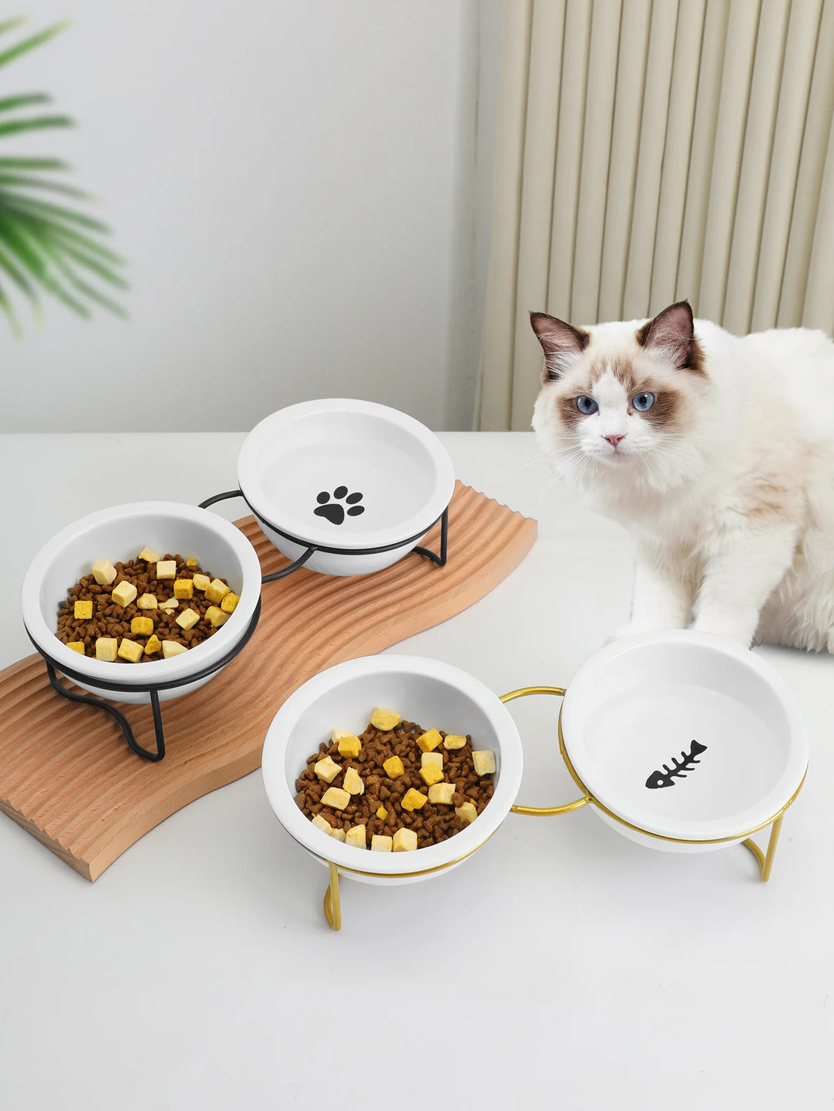 1 Set Elevated Ceramic Cat Bowls 1 Set Non-Slip Ceramic Cat Food And Water Bowls With Iron Bracket, Elevated Tilted Cat Feeder