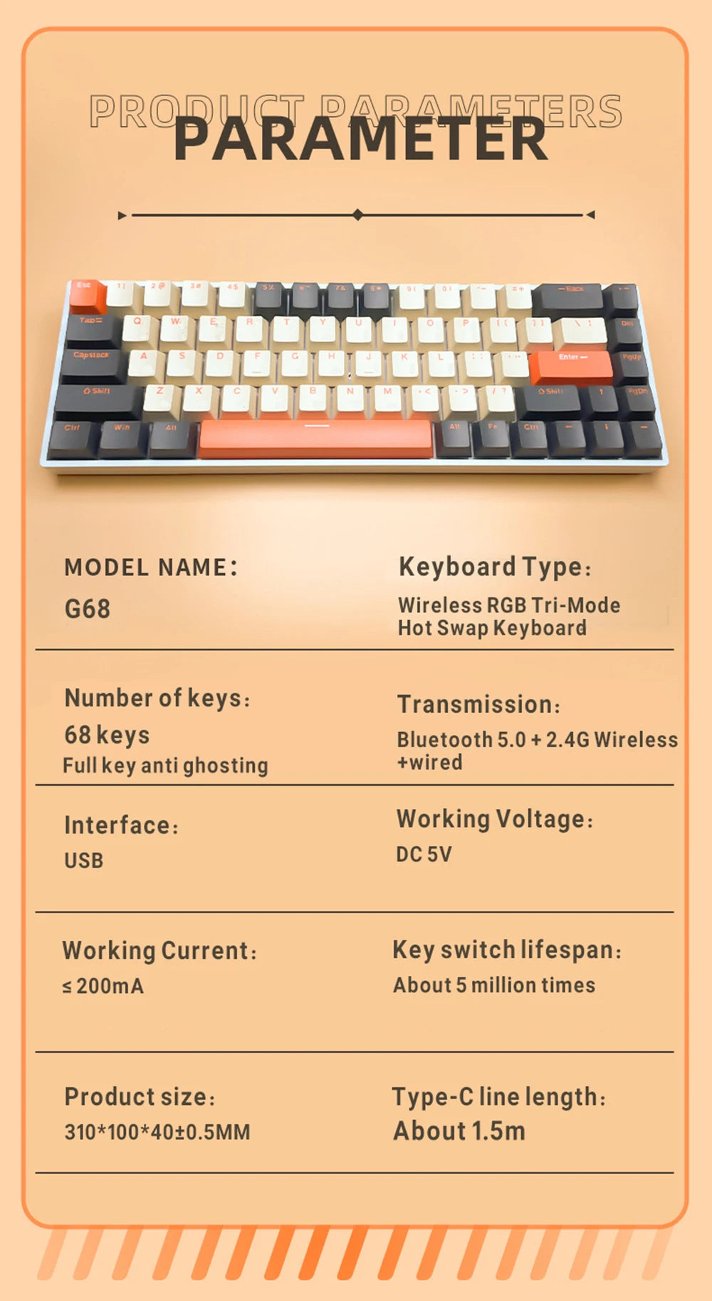 G68 Gaming Mechanical keyboard Wireless/Bluetooth Hot-Swappable 65% Keyboards Customized RGB Backlit for Gamer Tablet Computer