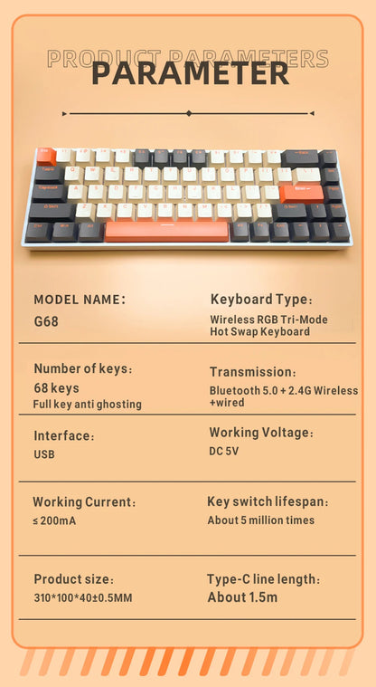 G68 Gaming Mechanical keyboard Wireless/Bluetooth Hot-Swappable 65% Keyboards Customized RGB Backlit for Gamer Tablet Computer