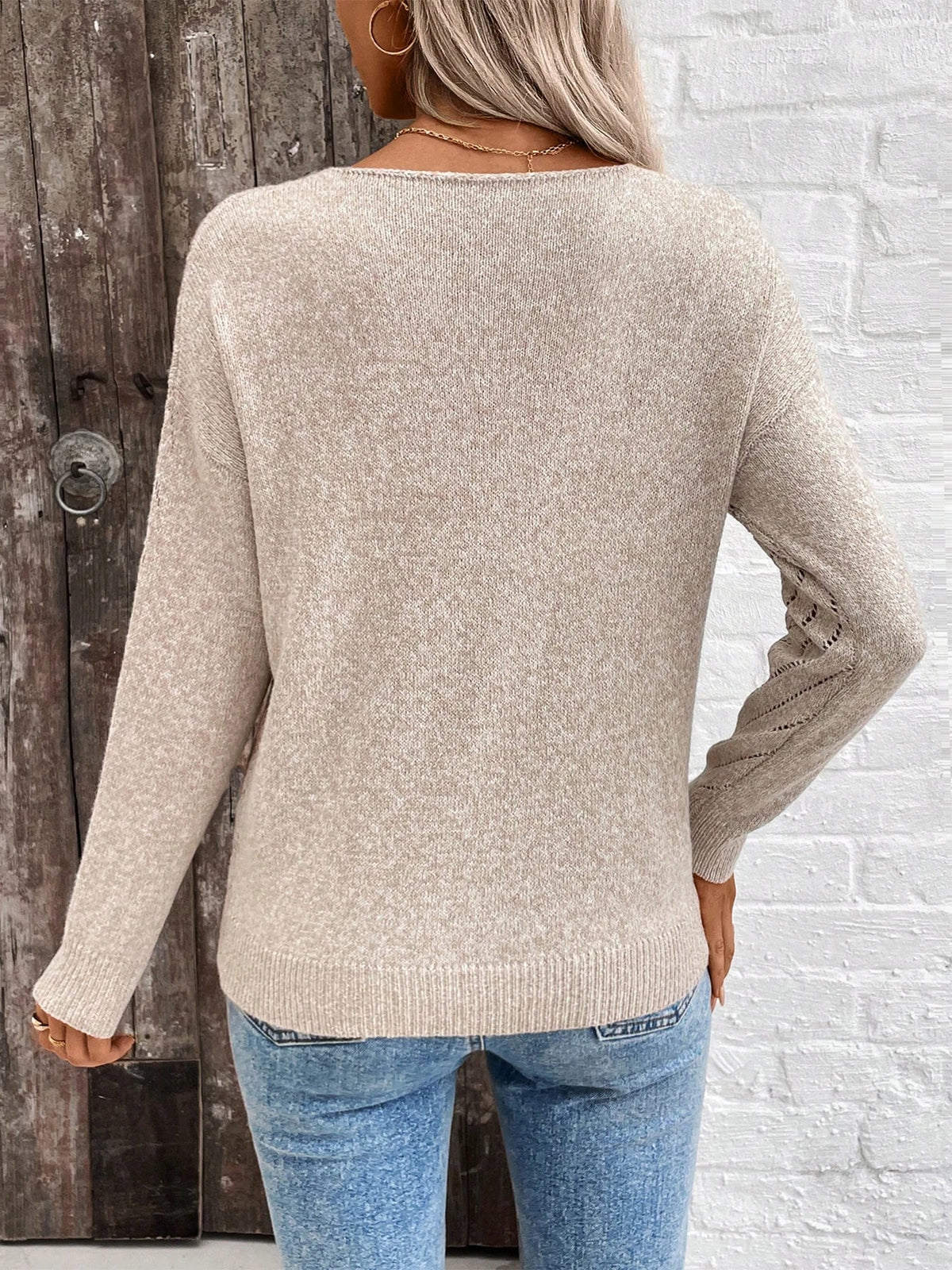 V-neck knitted off shoulder spring and autumn women's sweater can be worn externally