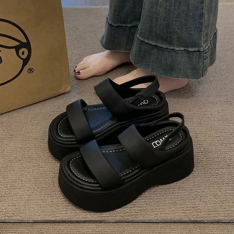 Summer 2025 Chunky Sandals Women's Wedge Heels Slides 8CM High Heels Leather Casual Woman Beach Thick Bottom Flip Flops