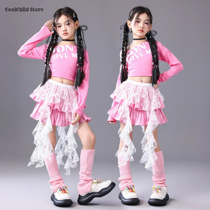 Girls Hip Hop Off Shoulder Crop Top ‌Street Dance Skirts Cargo Pants Children Streetwear Jeans Kids K-pop Girl Group Clothes Set