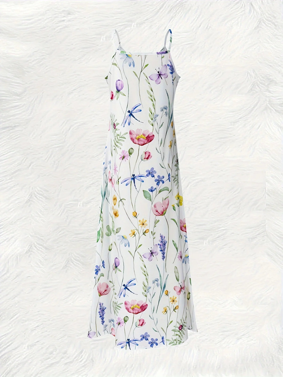 Printed Design Four Seasons casual style Floral Pattern With Butterflies And Leaves V-neck sling dress