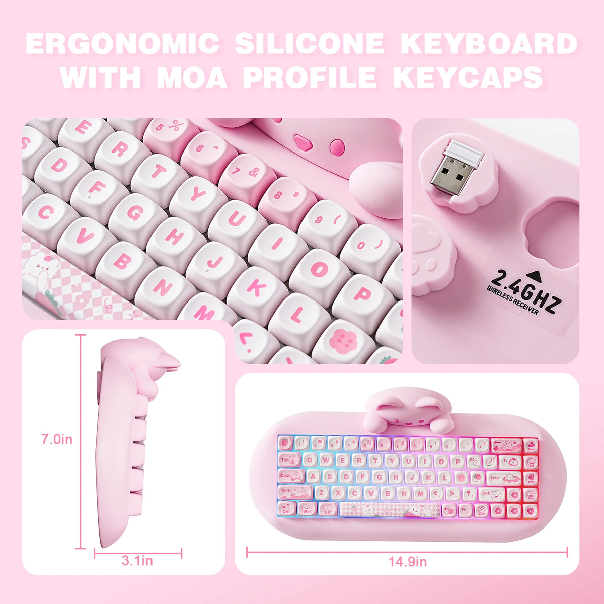 YUNZII C68 Pink 65% Hi-Fi Cute Cat Silicone Hot Swap NKRO  Ergonomic Wireless BT5.0/2.4G/Wired RGB Mechanical Gaming Keyboard