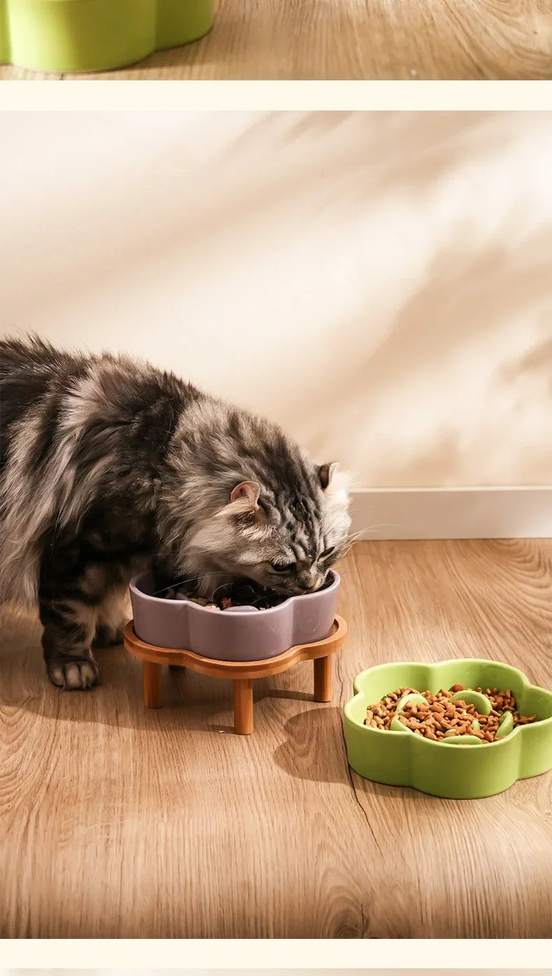 Ceramic Slow Food Bowl Anti-choking Cat Feeding Basin To Prevent Black Chin Small Dog Cat Neck Guard Wooden Frame Slow Food Bowl
