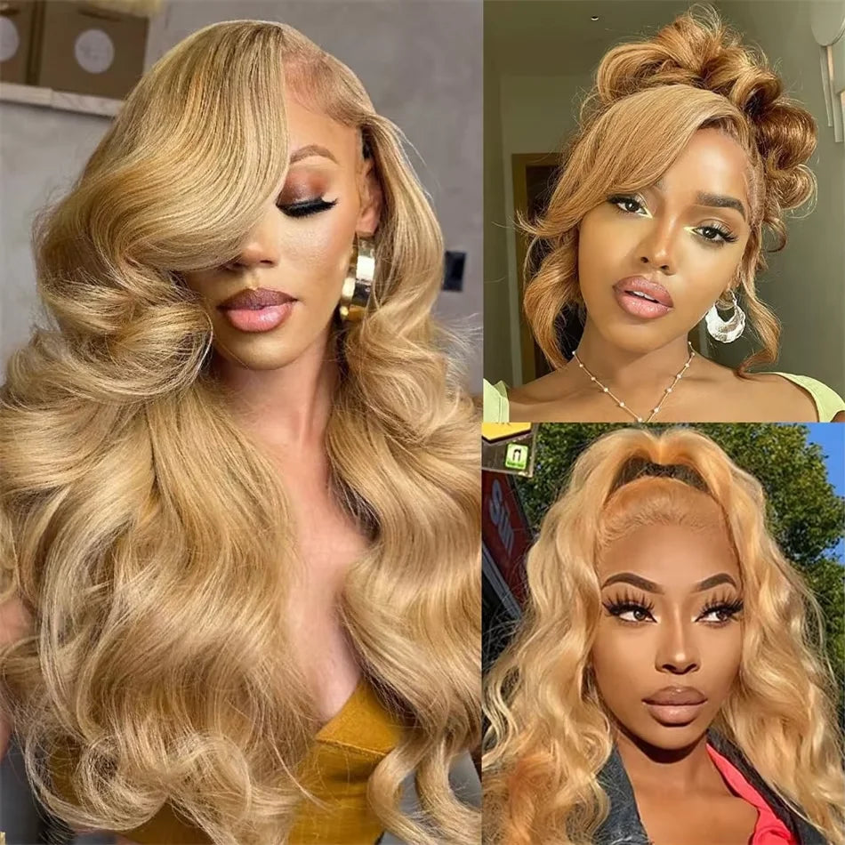 27# Honey Blond Body Wave 13x4 Lace Frontal Human Hair Wigs Brazilian Colored Loose Water Wave 13x6 HD Lace Front Wig For Women