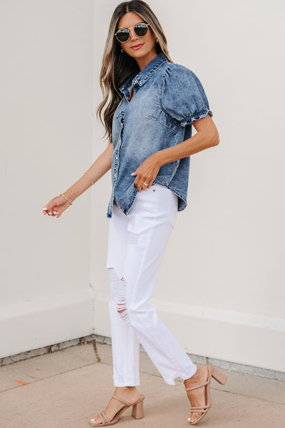 Beau Blue Frilled Short Sleeve Snap Button Denim Shirt