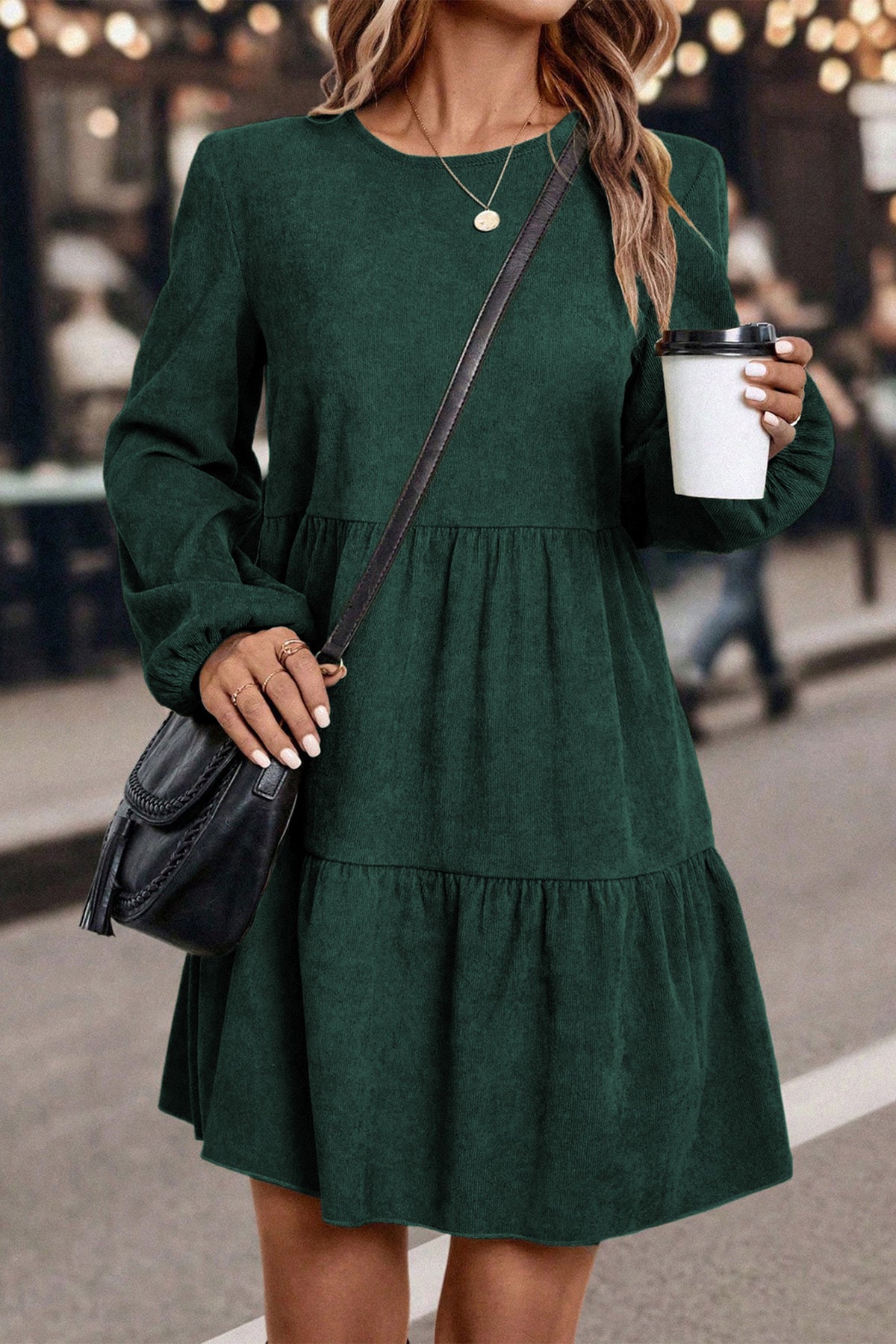 Black Lantern Sleeve Tiered Mini Dress