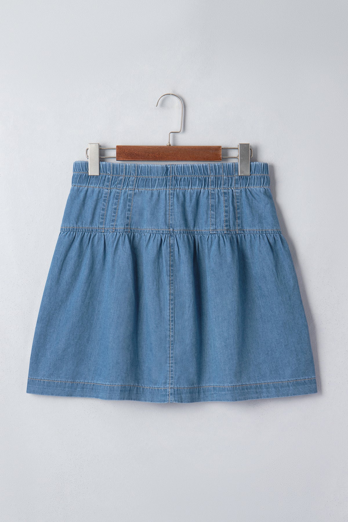 Sky Blue Half Buttons Pleated High Waist Denim Mini Skirt with Drawstring