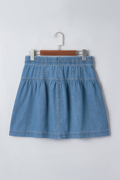 Sky Blue Half Buttons Pleated High Waist Denim Mini Skirt with Drawstring