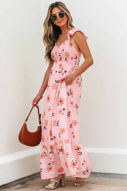Pink Floral V Neck Smocked High Waist Ruffle Hem Long Dress