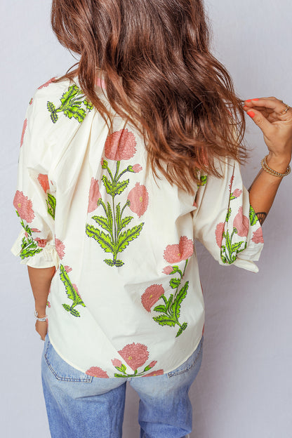 Sky Blue Casual Wild Flower Print V Neck 3/4 Sleeve Blouse
