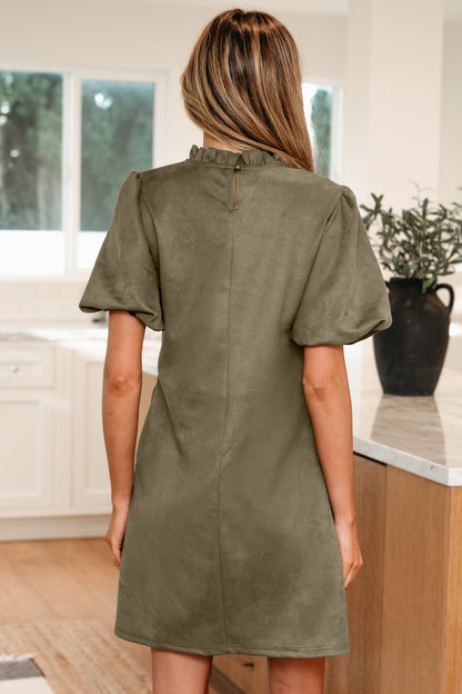 White Frilled Round Neck Short Puff Sleeve Shift Mini Dress