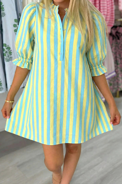 Red Stripe Half Button Puff Sleeve Loose Mini Dress