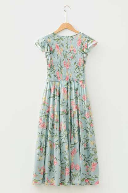 Yellow Smocked Bodice Ruffled Sleeveless Tiered Floral Maxi Dress