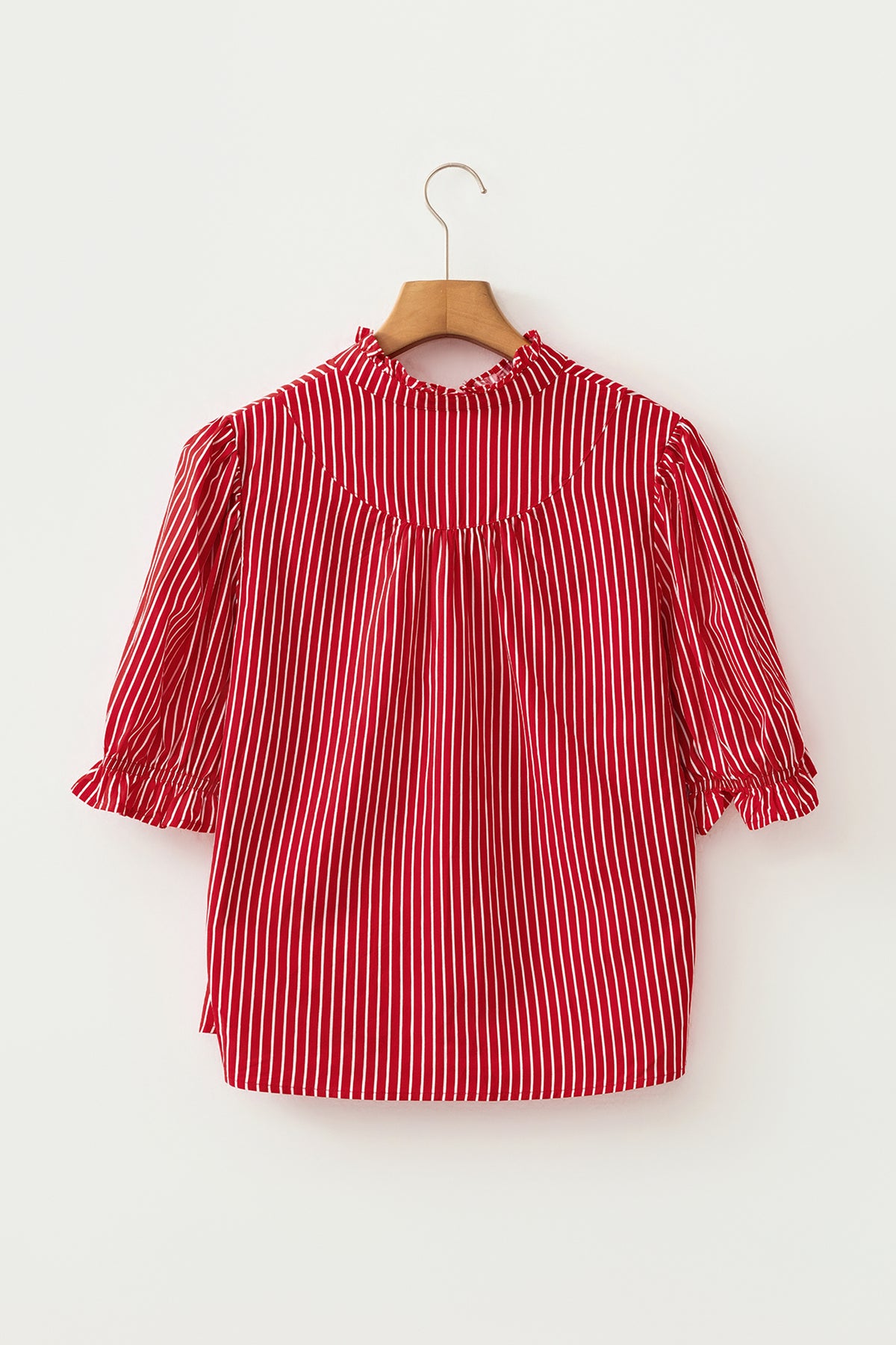 Blue Stripe Ruffled Short Puff Sleeve Button Front Blouse