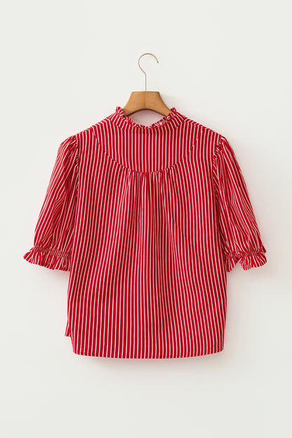 Blue Stripe Ruffled Short Puff Sleeve Button Front Blouse