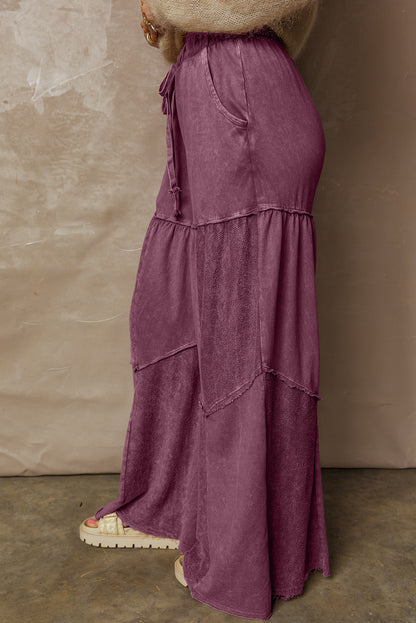 Black Mineral Wash Tiered Wide Leg Patchwork Drawstring Pants