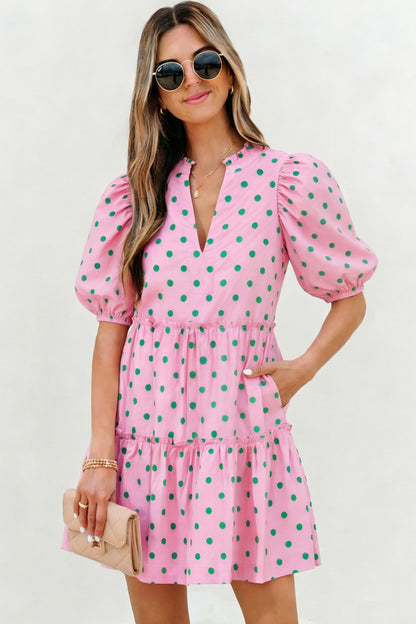 Pink Polka Dot Print V Neck Short Sleeve Tiered Mini Dress