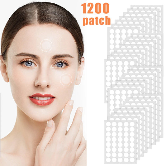 A woman with clear skin showing the invisible acne patches on her face next to a large stack of 1200 patch sheets.
