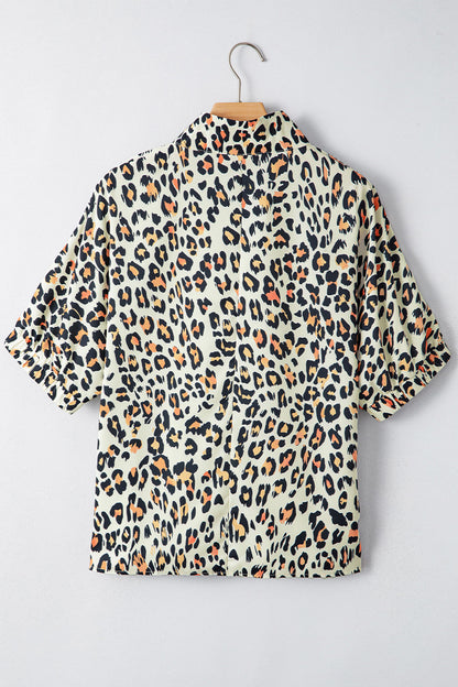 Sky Blue Leopard Color Block Contrast Striped V Neck Half Sleeve Loose Fit Blouse
