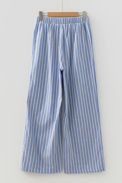 Sky Blue Stripe Buttoned Detail Loose Casual Pants